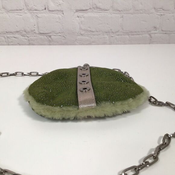 Cole Haan G Series Small Green Shearling Kiss Lock Crossbody Bag Chainlink Strap - Picture 7 of 10